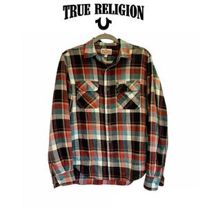 TRUE Religion red teal plaid check flannel fleece button down shirt size 8